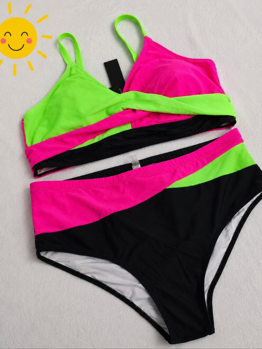 Tempt Me Neon Black Colorblock Swimsuit Bikini High Waist Plus 18W